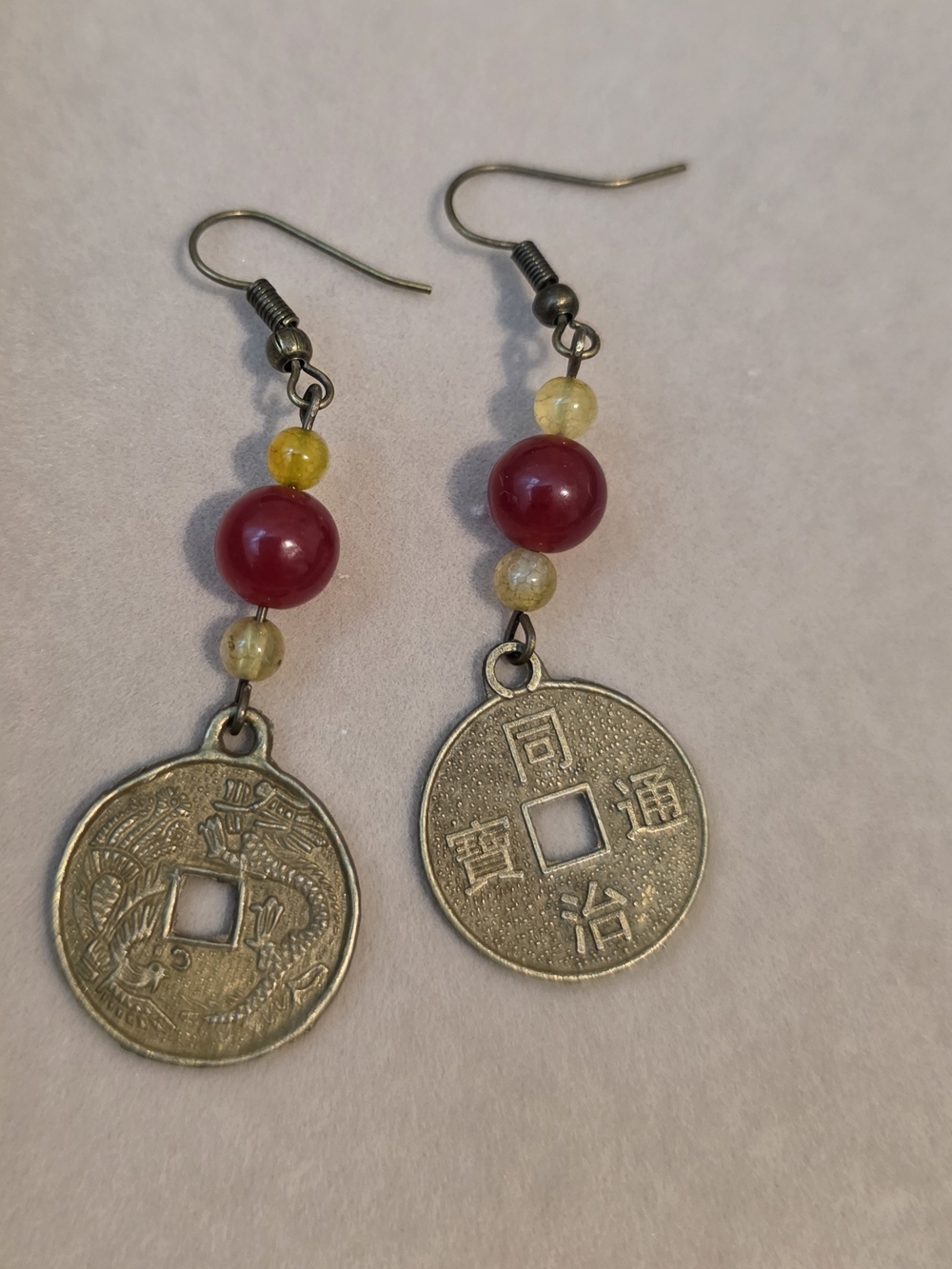 Quartz and Agate Chinese Coin Dangle Earrings (Handmade)